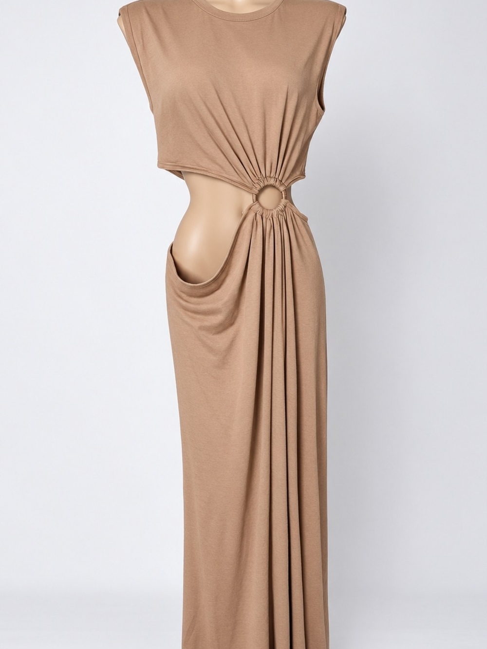 Ring-Detail Side Cutout Maxi Dress in Camel